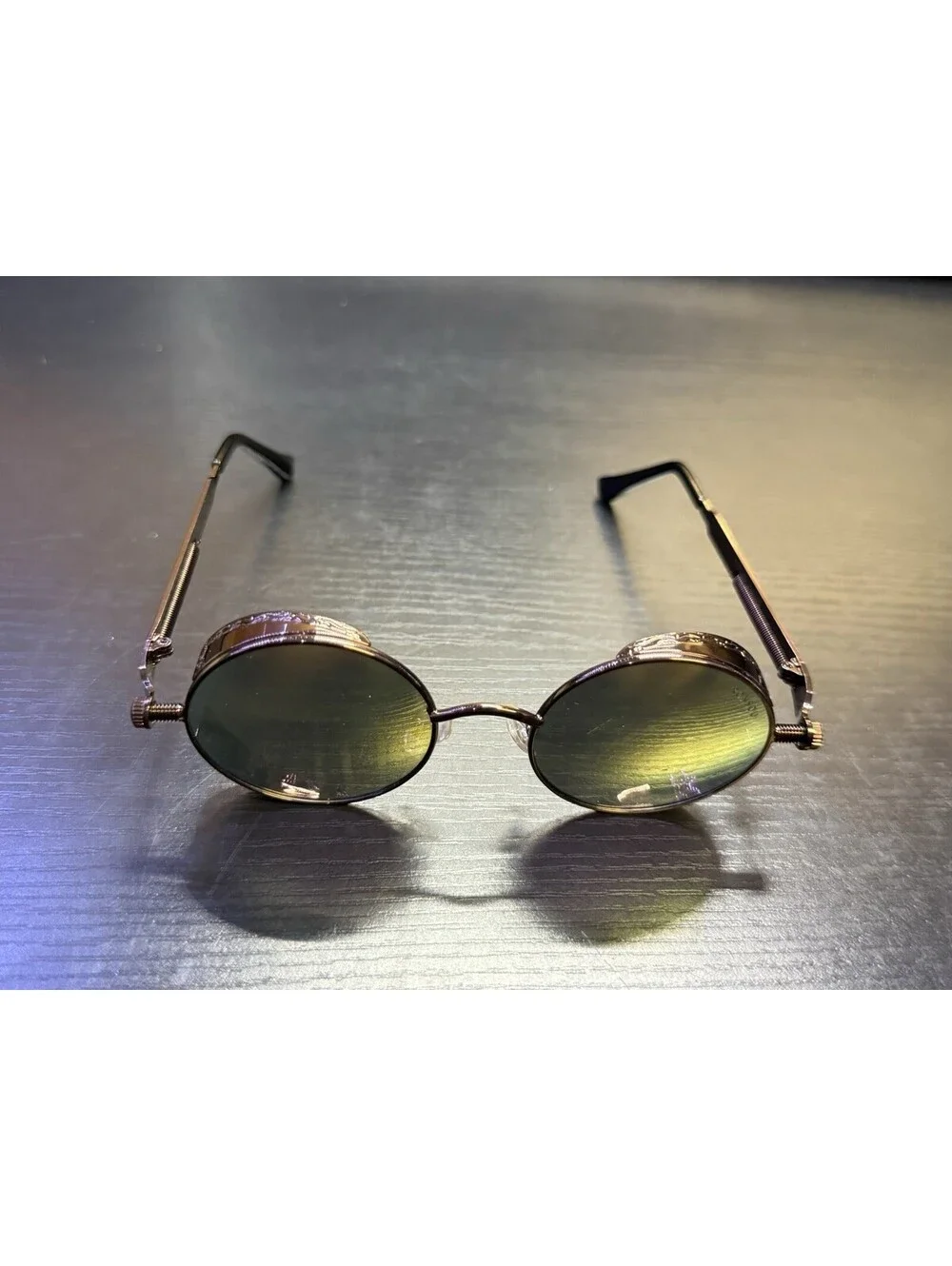 RONSOU Steampunk Round Sunglasses Blue Mirror Lens Side Shields Retro
